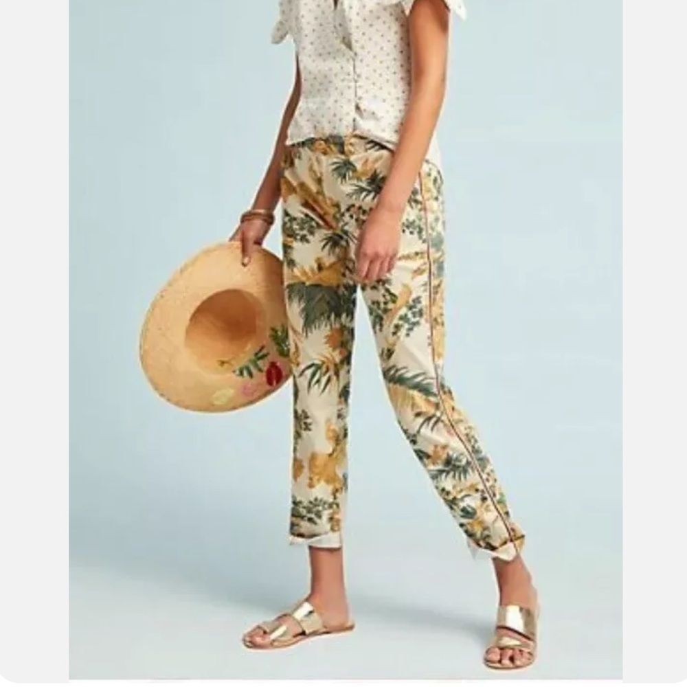 Anthropologie Chino Botanical Bird Print Pants Sz 25 Floral Relaxed Cropped Boho